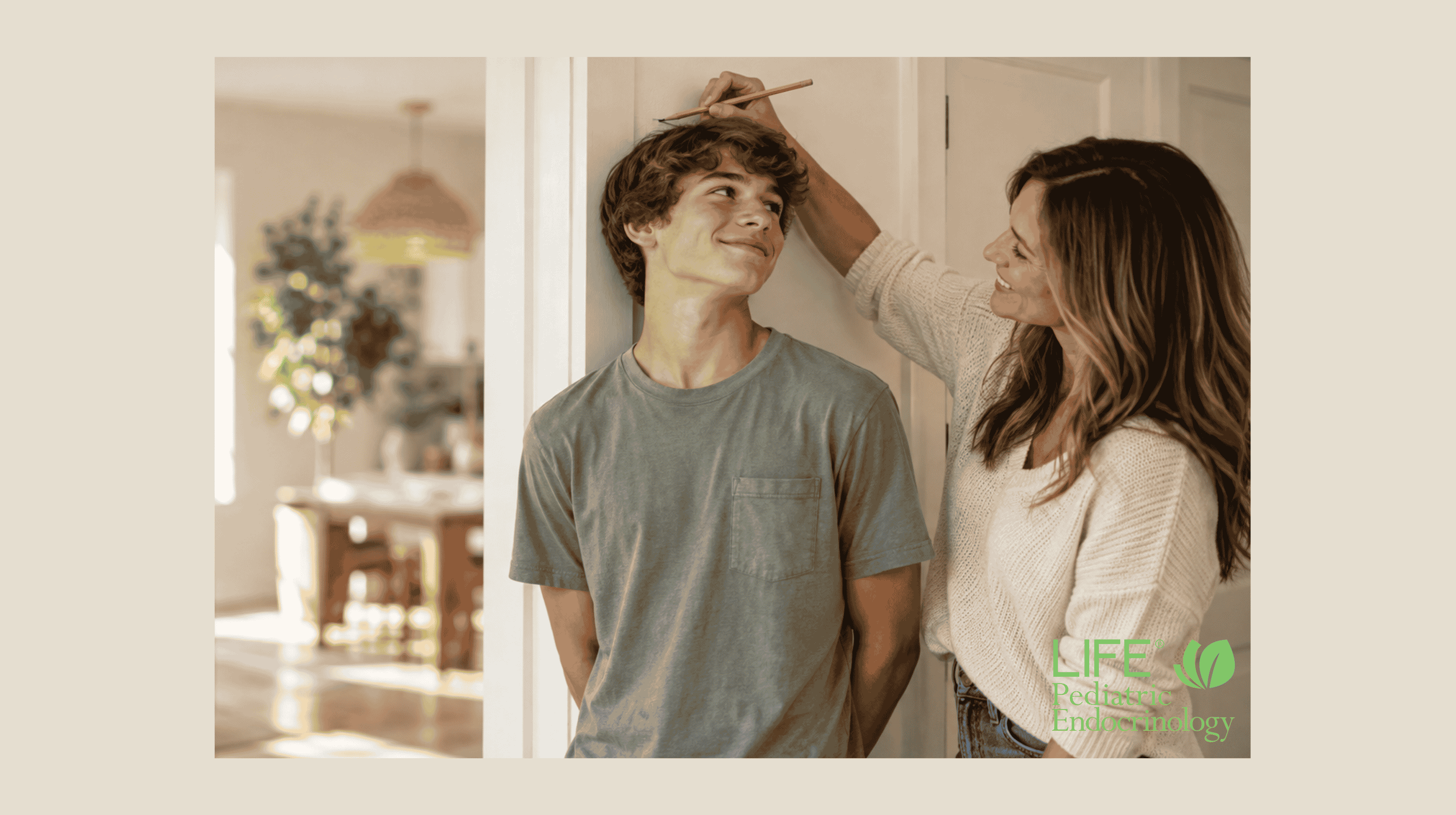 Mother marking her teenage son’s height on a doorframe while considering whether anastrozole or letrozole could help him grow taller