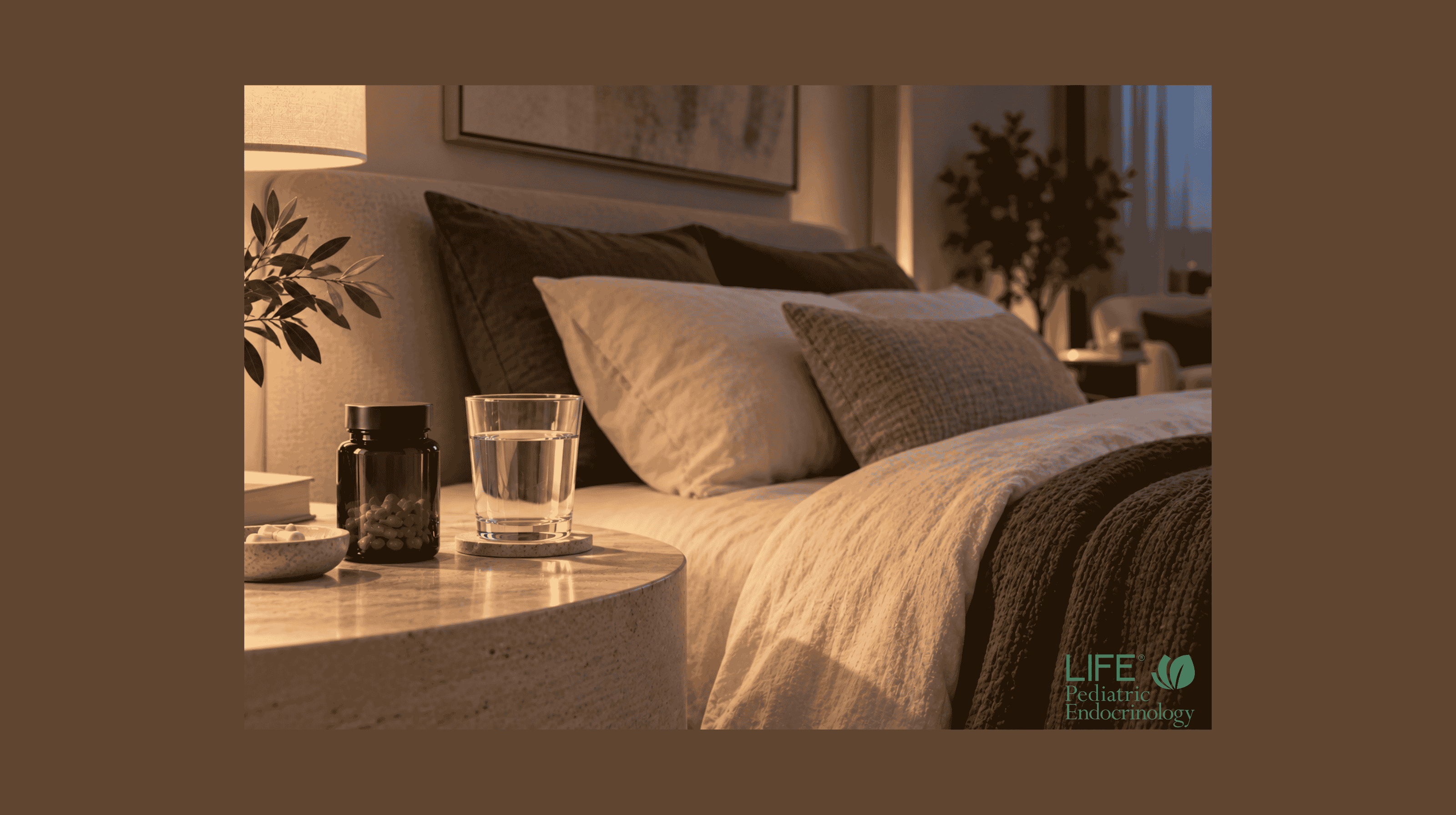 Magnesium supplement and water beside a bed representing research on magnesium glycinate, L-threonate and sleep.