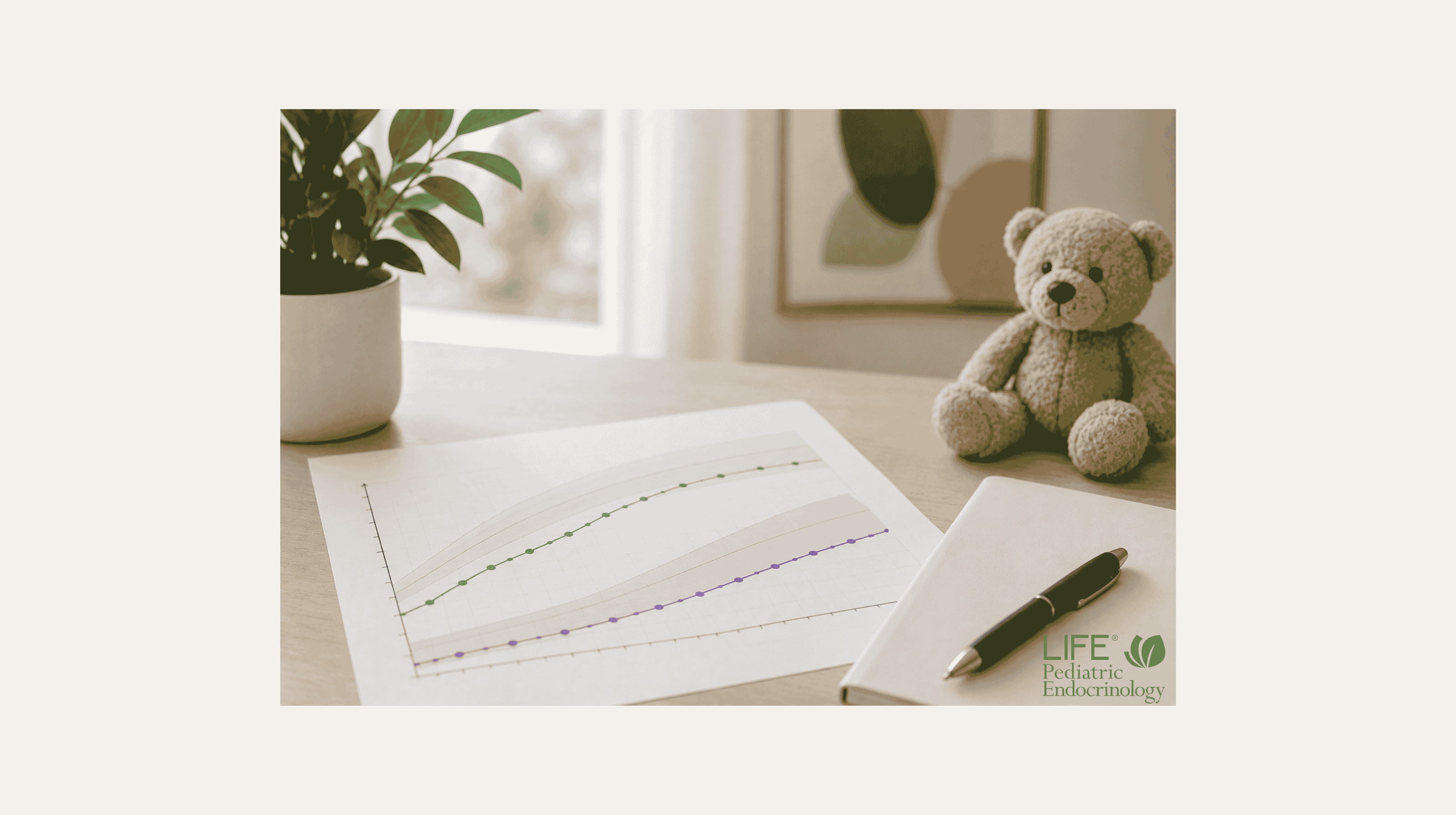 Pediatric growth chart showing weight gain with slowed height growth, a pattern evaluated by a pediatric endocrinologist.
