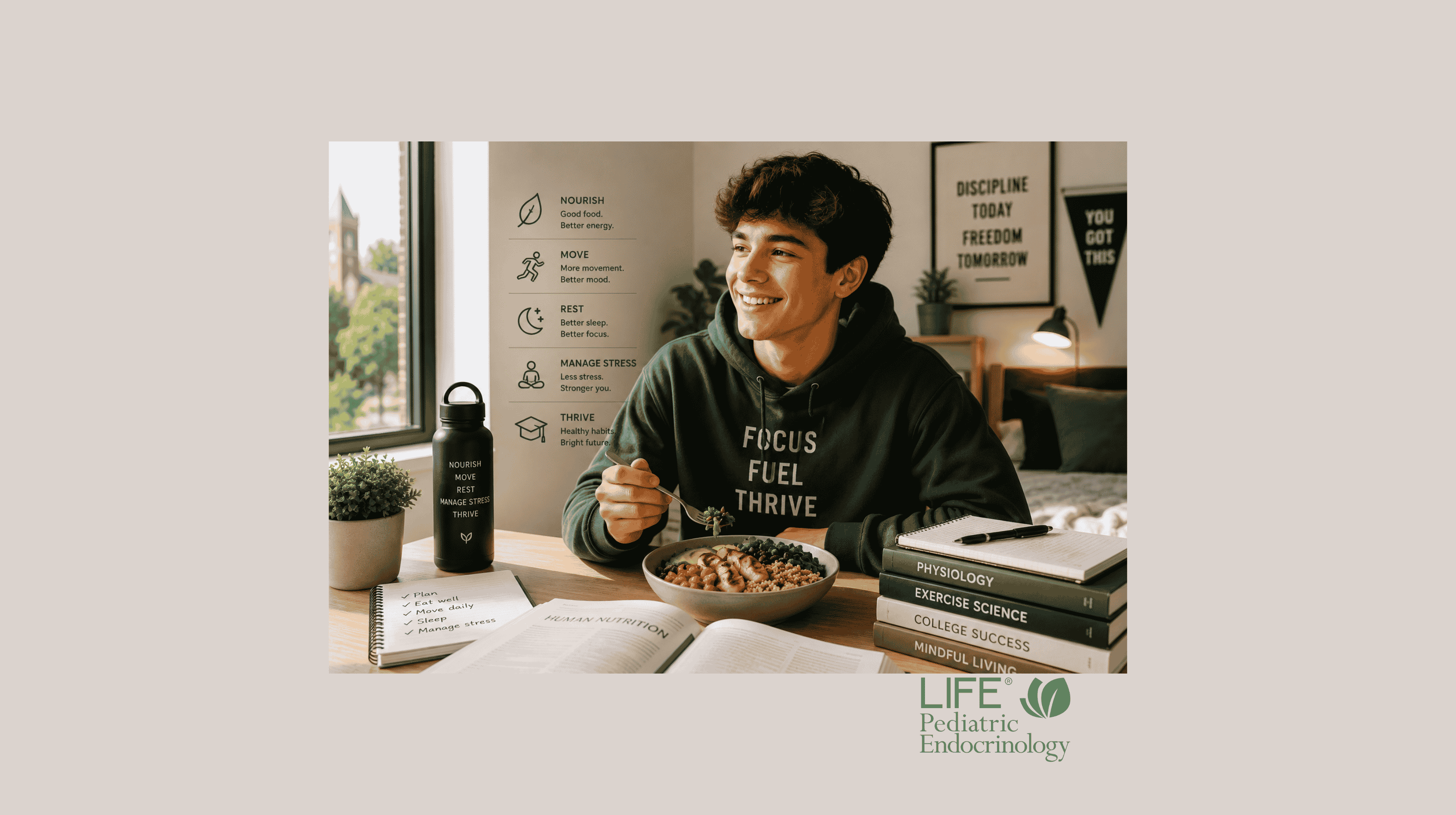 College student enjoying a healthy meal while building lifelong healthy habits to support metabolism, energy, and long-term wellness.