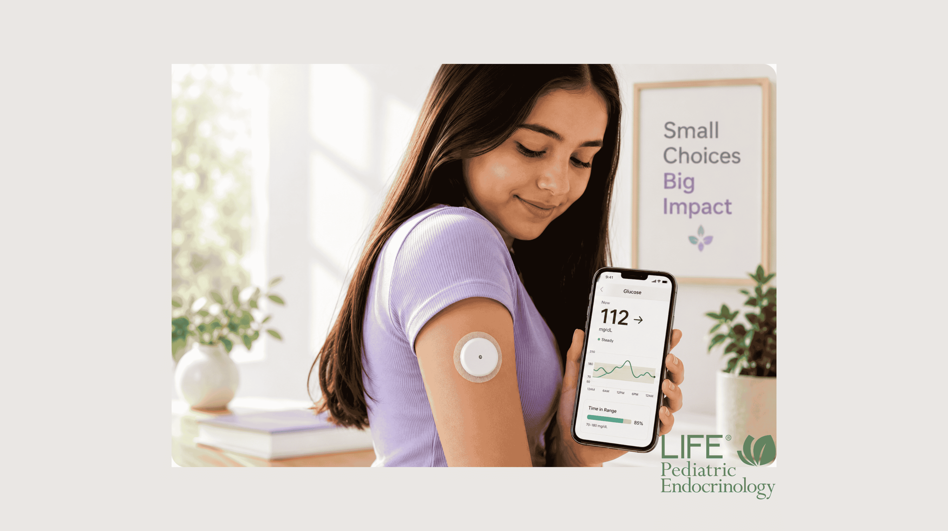 Teen wearing a continuous glucose monitor and reviewing glucose data on a smartphone to support personalized prediabetes care and metabolic health.