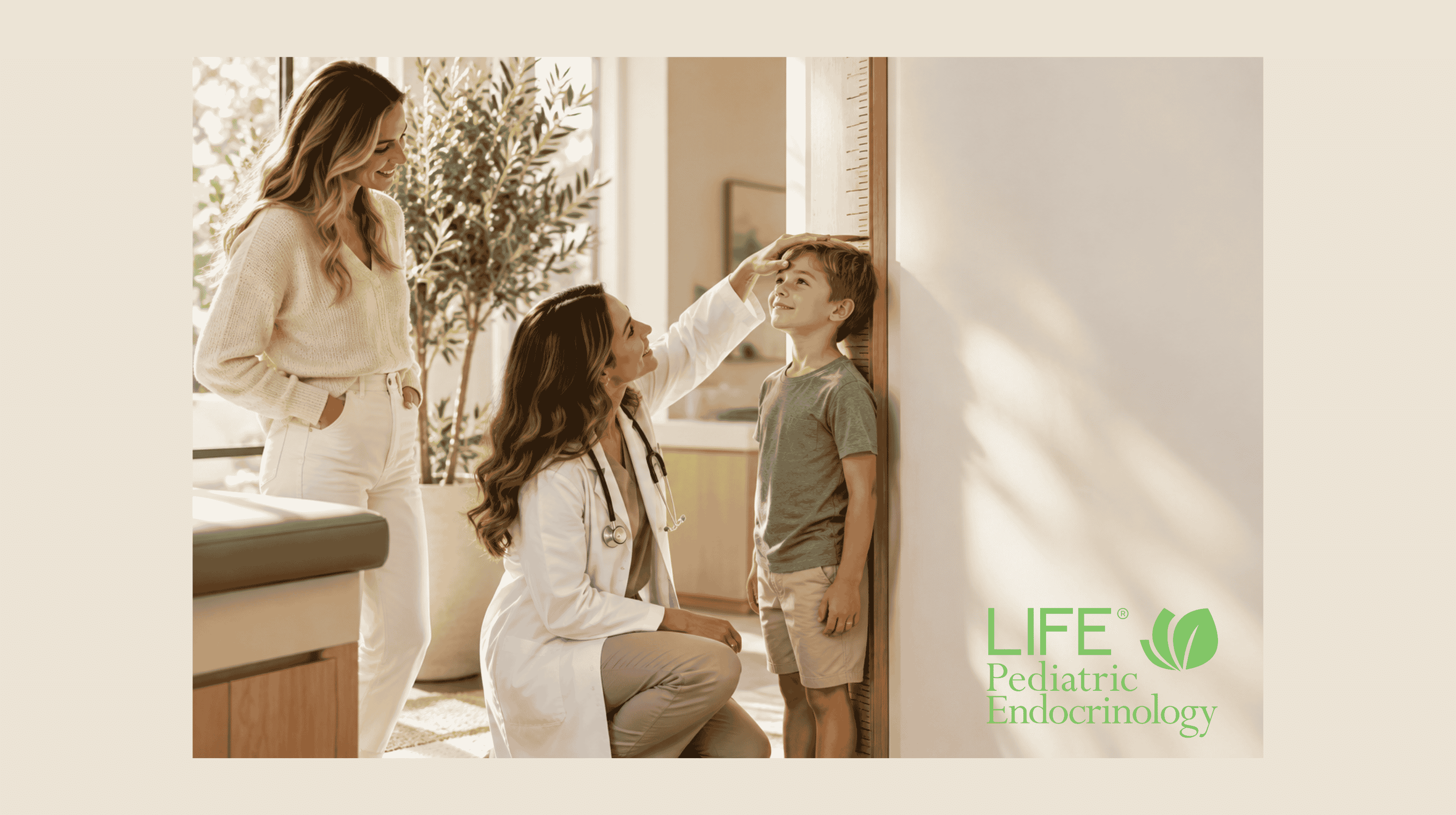 Pediatric endocrinologist measuring a boy’s height against a wall ruler as his mother looks on.
