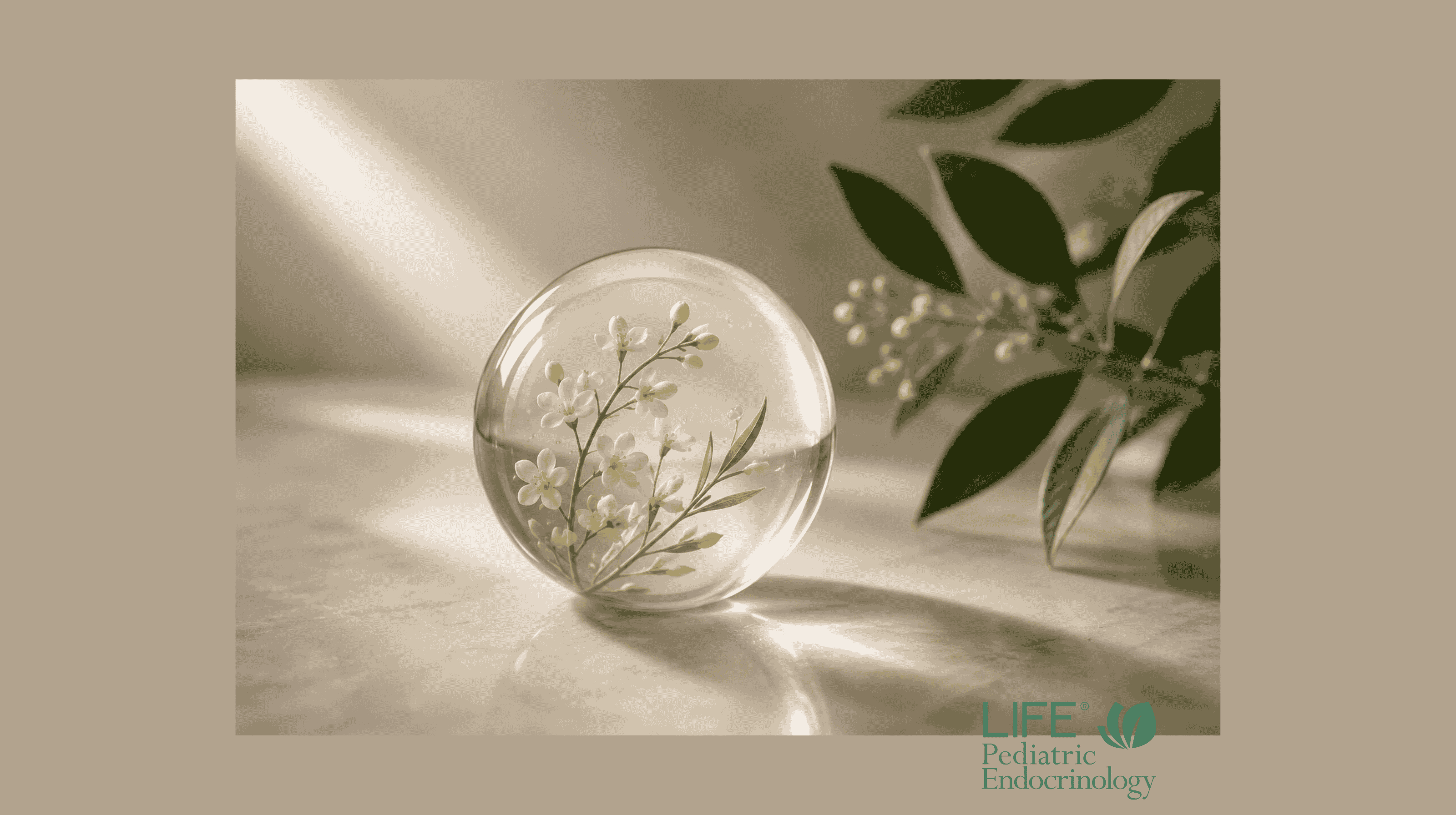 Elegant botanical glass sphere representing aromatase inhibitors for children taking anastrozole under the care of a pediatric endocrinologist.