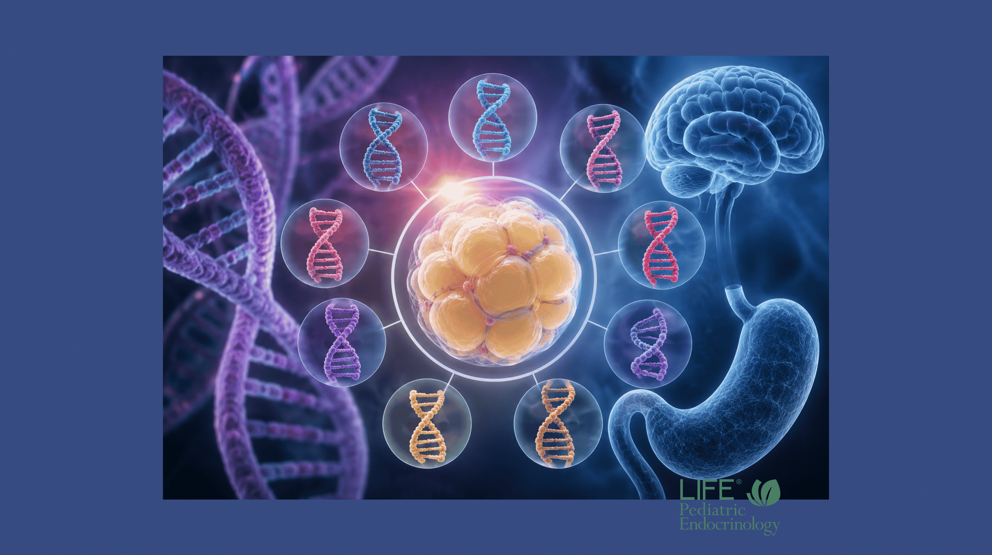 Illustration of genetic obesity disorders showing multiple obesity-related genes involved in appetite regulation, energy balance, and childhood obesity.