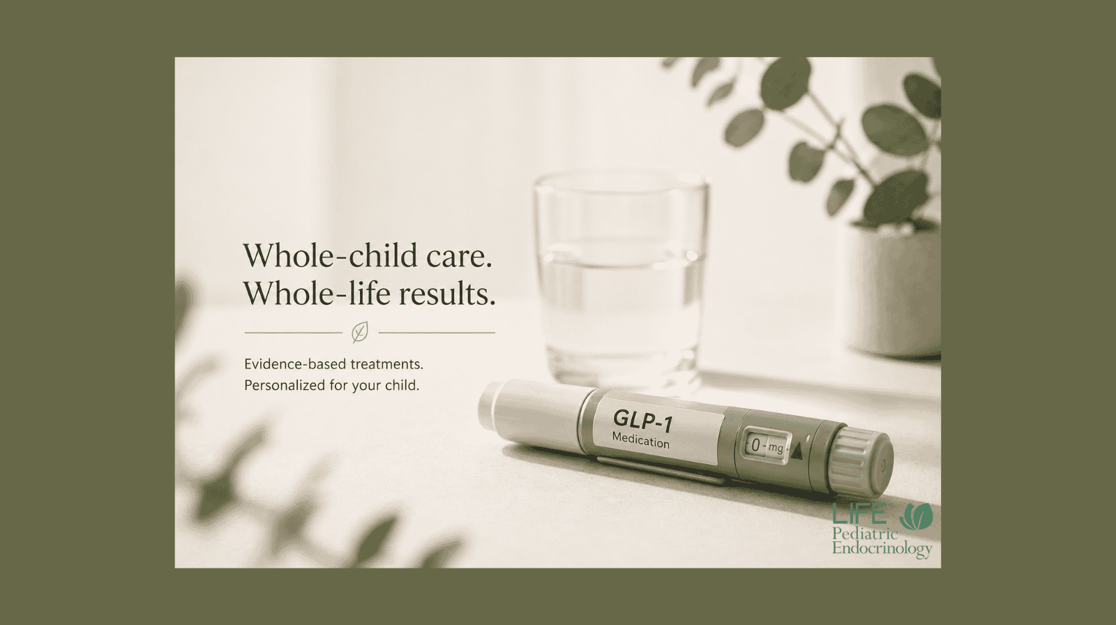 Minimalist illustration of a GLP-1 injection pen representing physician-led GLP-1 weight loss treatment for children with obesity and metabolic health concerns.