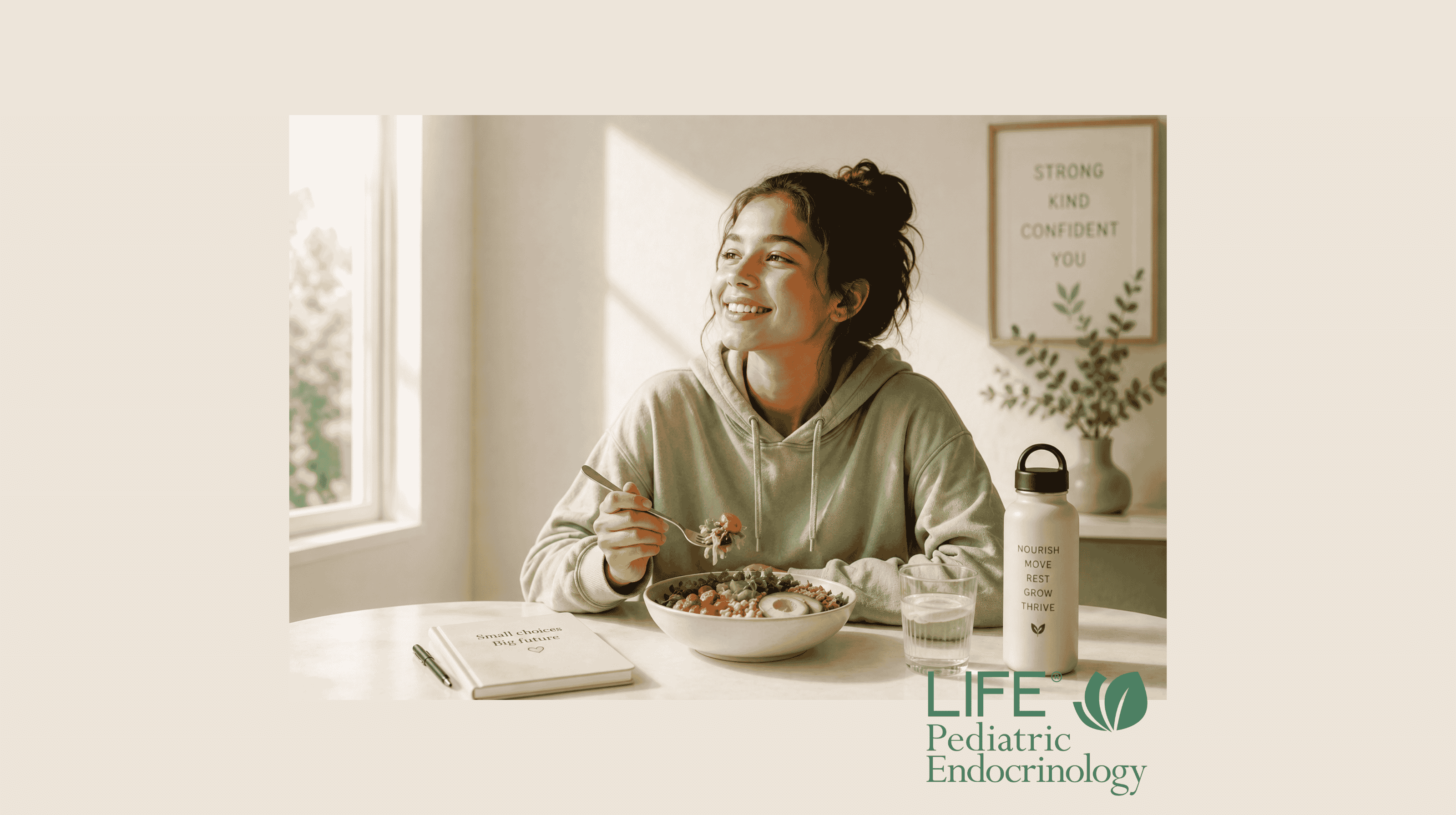 Teen enjoying a balanced meal illustrating healthy teen weight management, physician-guided nutrition, and lifelong metabolic health.