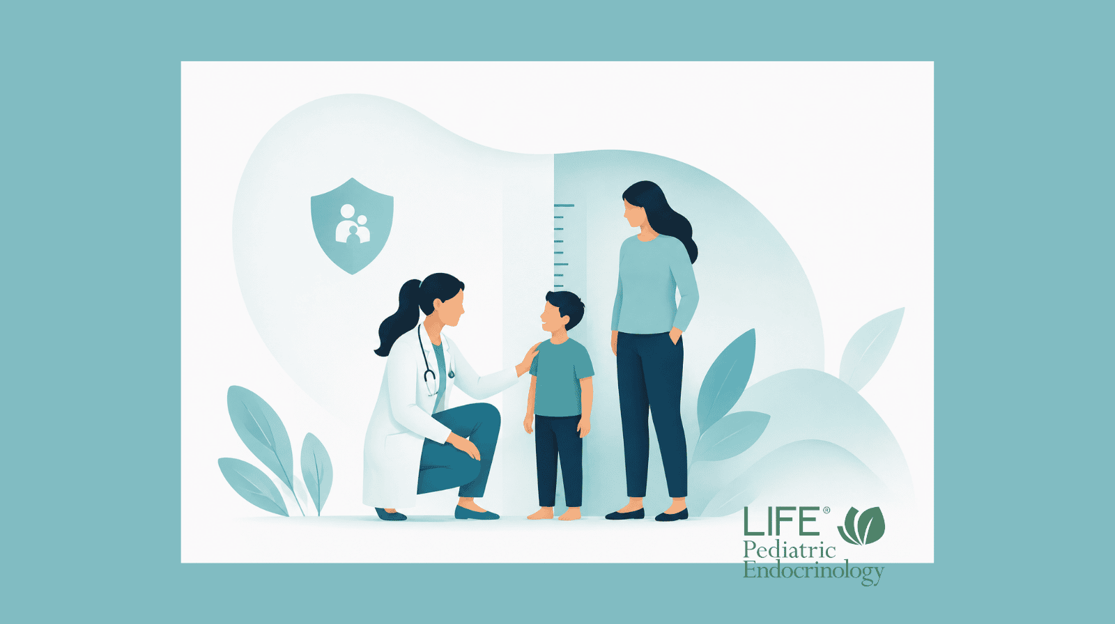 Pediatric endocrinologist discussing growth hormone therapy insurance coverage with a child and parent during a medical evaluation for short stature and growth hormone deficiency.