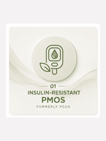 Minimalist infographic illustrating Insulin-Resistant PMOS (formerly PCOS), the most common subtype associated with insulin resistance, metabolic dysfunction, and hormone imbalance.