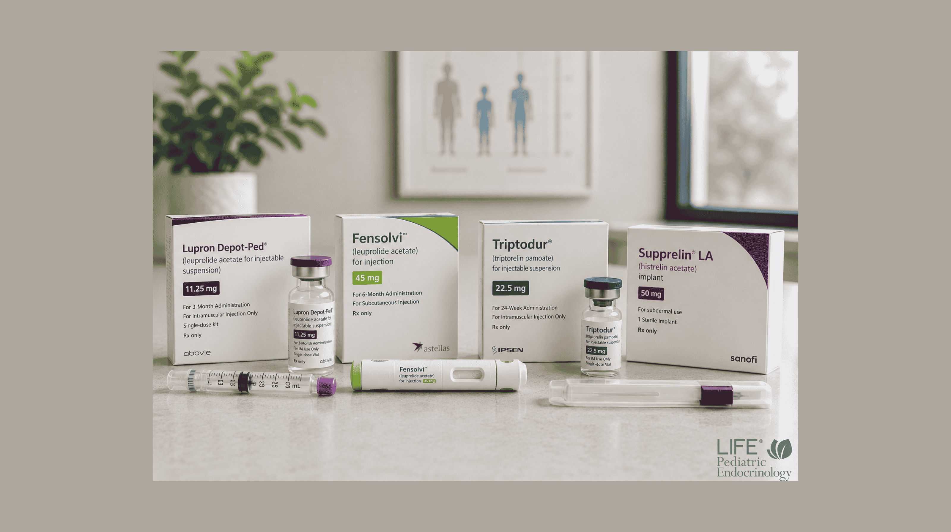 Lupron Depot-Ped, Fensolvi, Triptodur and Supprelin LA treatment options for central precocious puberty.
