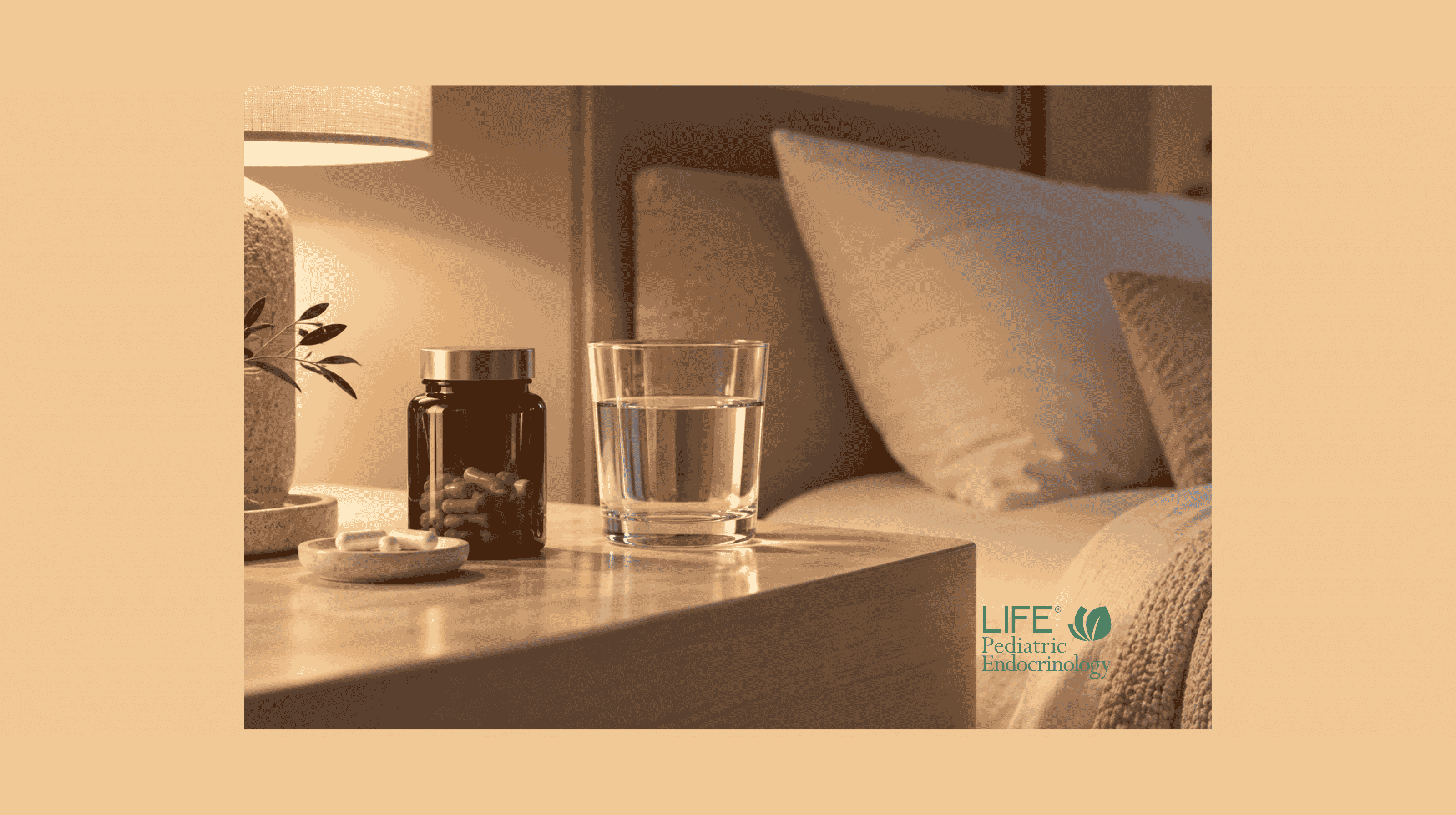 Magnesium glycinate supplement beside water in a calm bedroom setting, representing its commonly discussed use for sleep and supplementation.