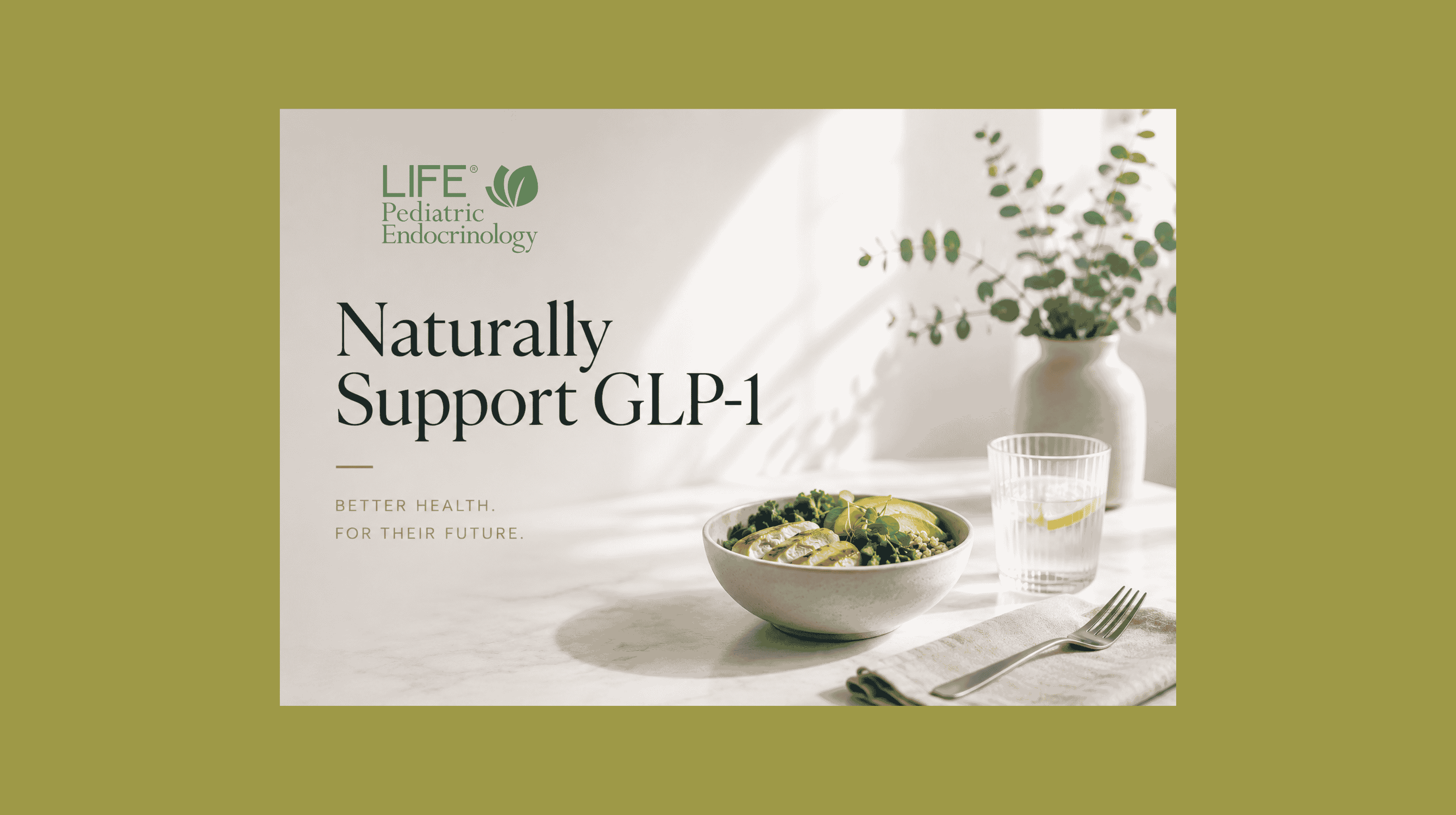 Minimalist healthcare illustration representing natural GLP-1 support, healthy metabolism, and evidence-based lifestyle habits for children and families.