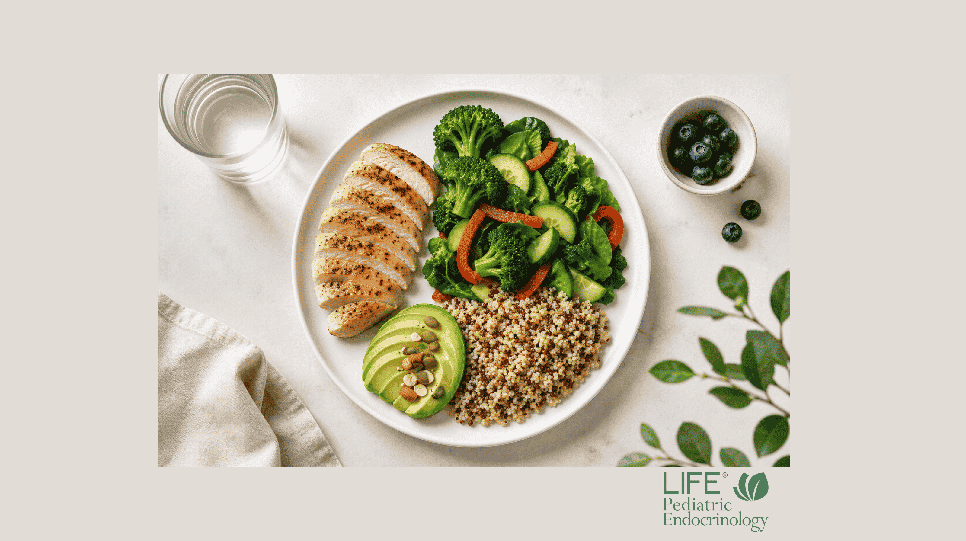 Balanced meal with lean protein, colorful vegetables, healthy fats, and high-fiber carbohydrates to support nutrition for children with insulin resistance and metabolic health.