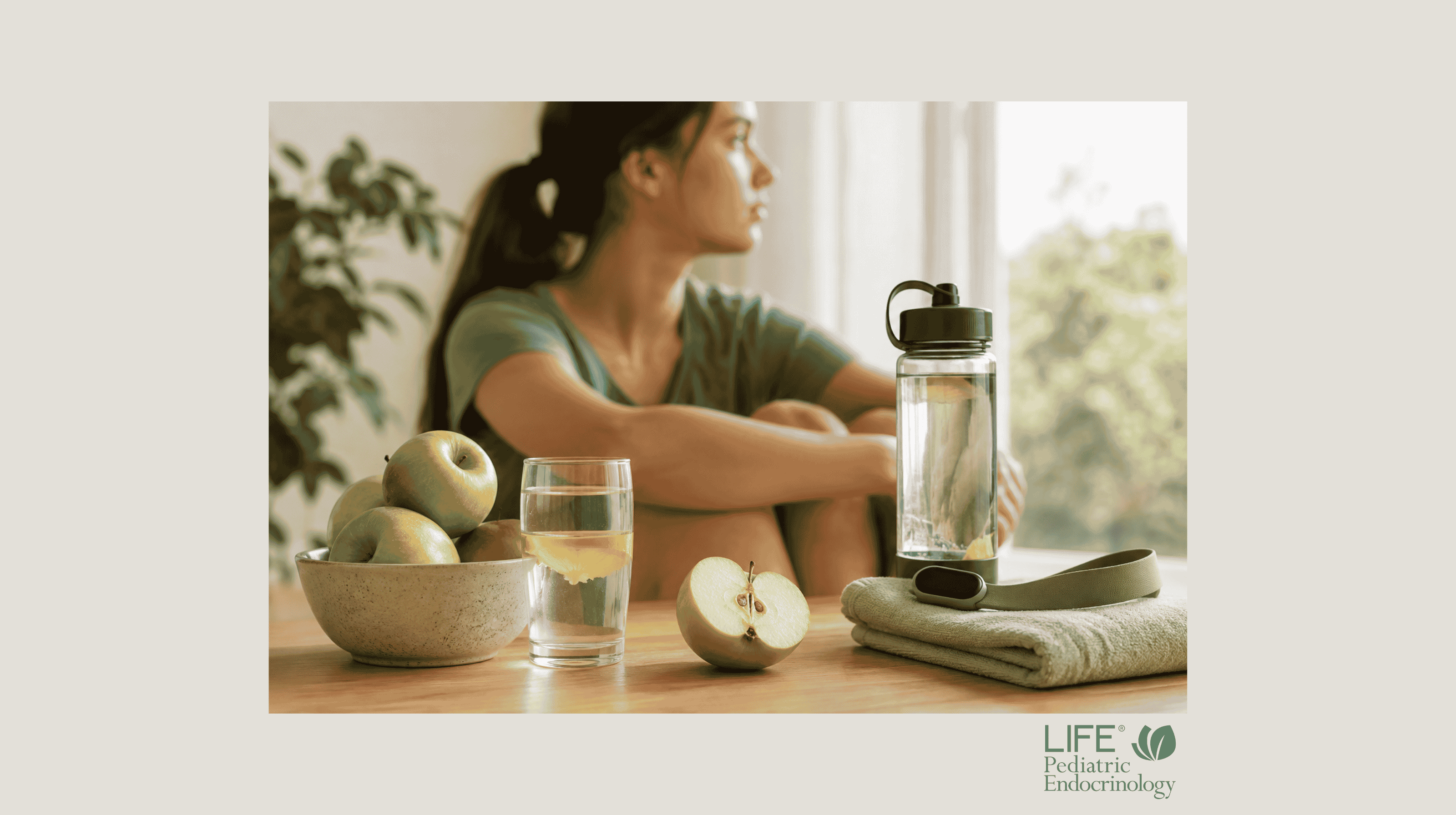 Teen girl resting with water nearby, representing dizziness, fatigue and exercise intolerance associated with postural orthostatic tachycardia syndrome (POTS) in adolescents.