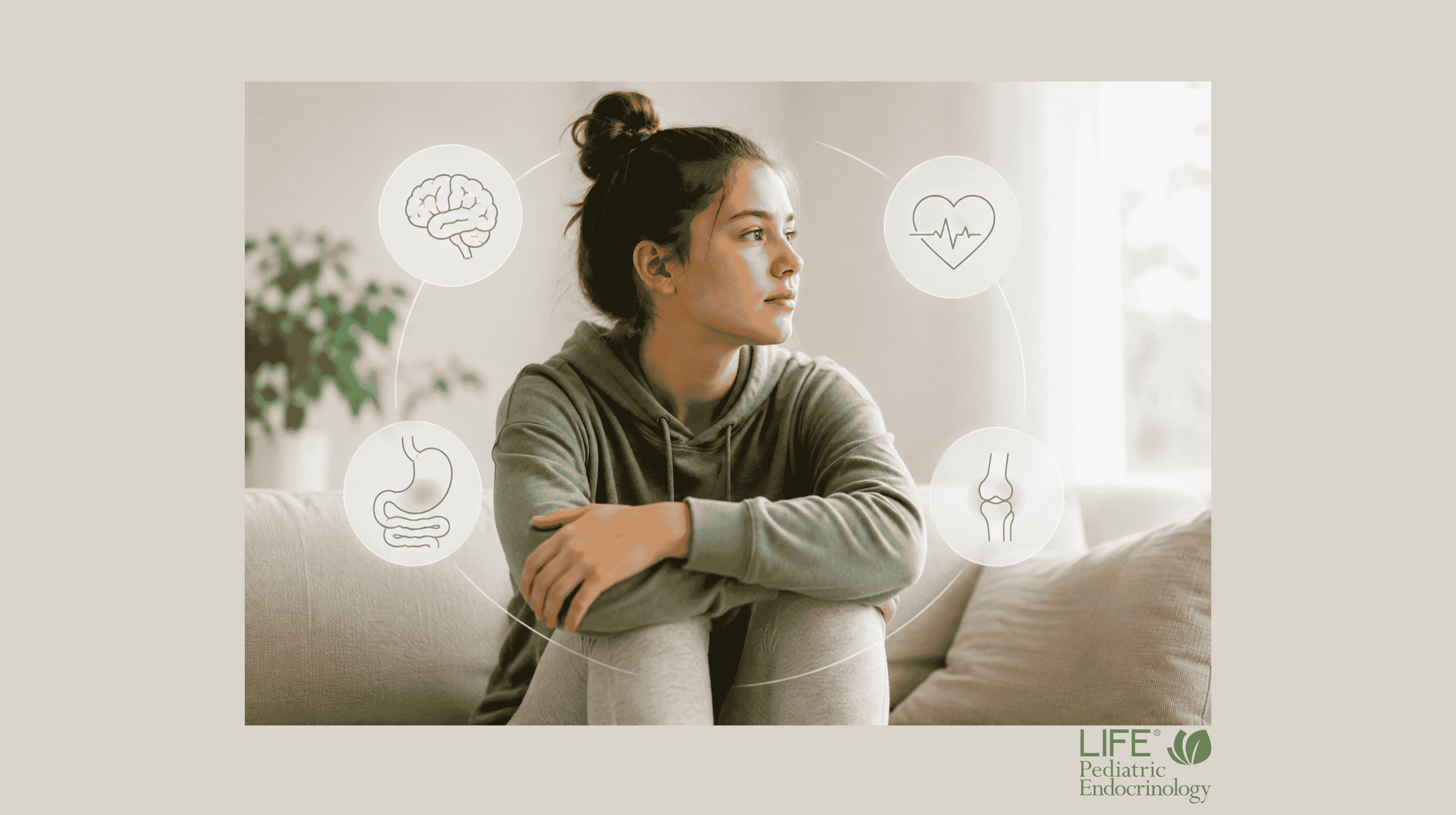 Teen girl surrounded by symbols representing the heart, brain, digestive system and joints, illustrating overlapping symptoms of POTS, MCAS and joint hypermobility in adolescents.