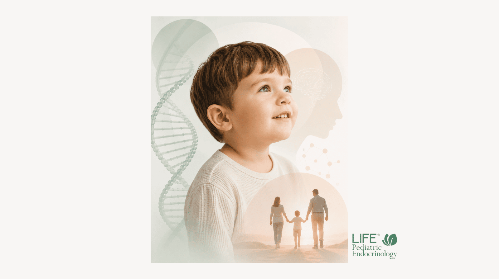 Minimal medical illustration of a child representing Prader-Willi syndrome with themes of genetics, brain development, endocrine function, growth, and comprehensive pediatric care.