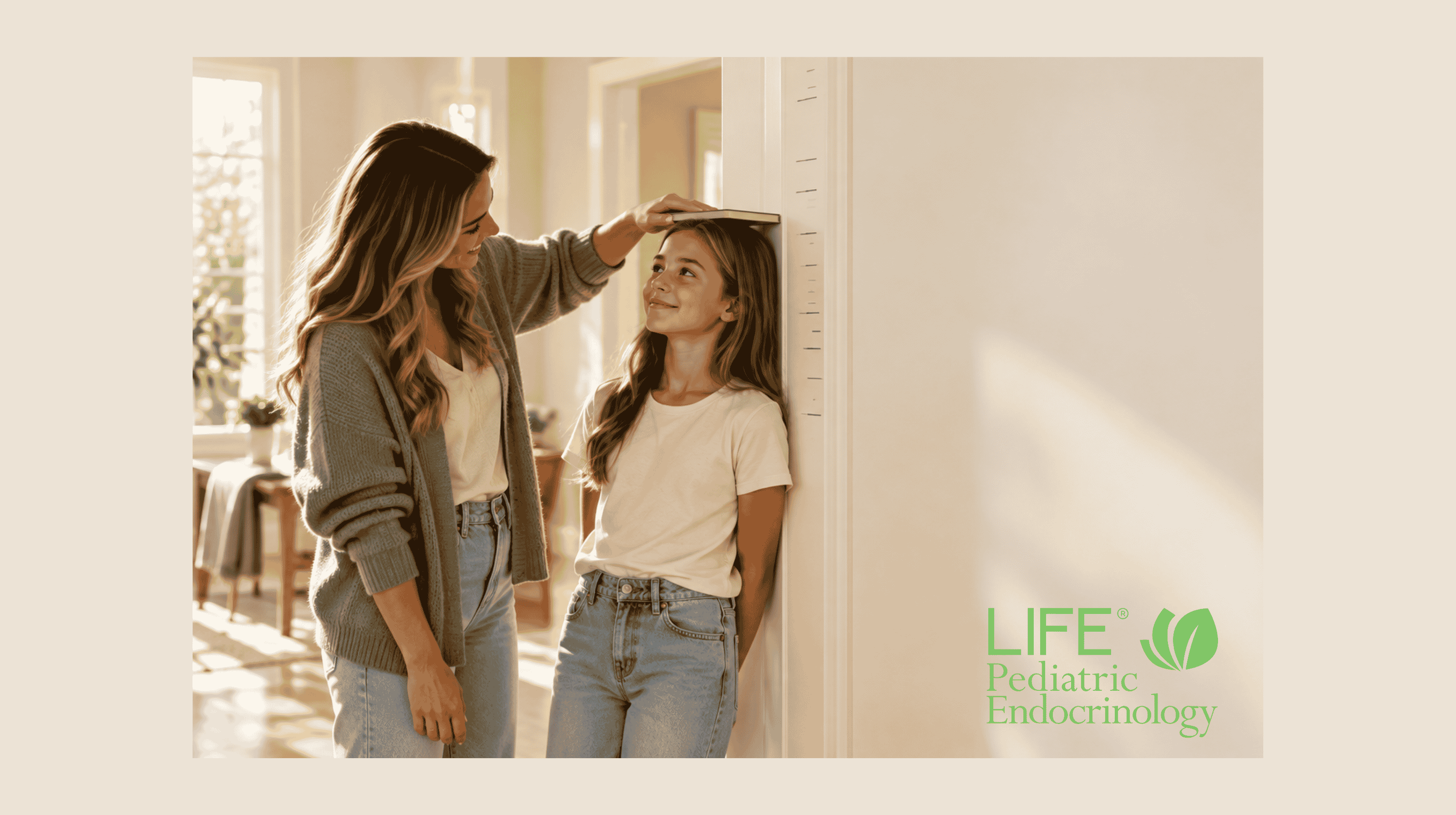 Mother marking her daughter’s height on a doorframe covered with years of pencil growth marks.